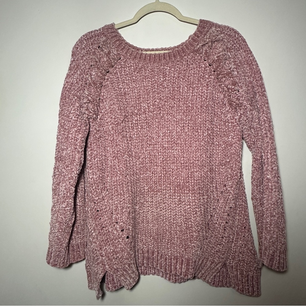 Renjo Pink Women's Sweater with Shoulder Design CottageCore Cable Medium